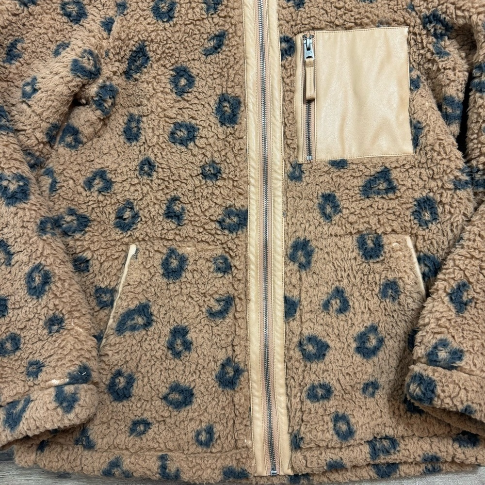 Abercrombie & Fitch Leopard Sherpa Jacket Women’s Medium Brown Black Full Zip - Picture 2 of 6